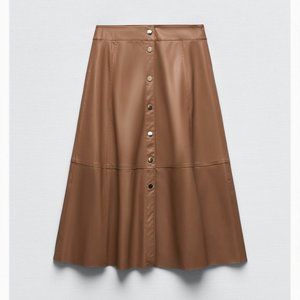ZARA Brown Faux Leather Midi Skirt, size S